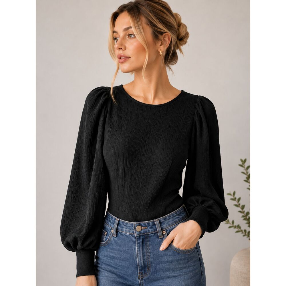 Black Textured Puff Sleeve Bodysuit Women's XS Long Sleeve Stretch Going Out Top